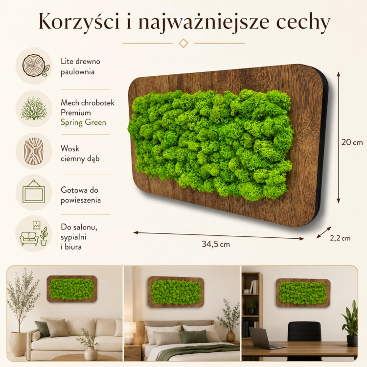 Zielony obraz z mchu nad kanapą w nowoczesnym salonie
