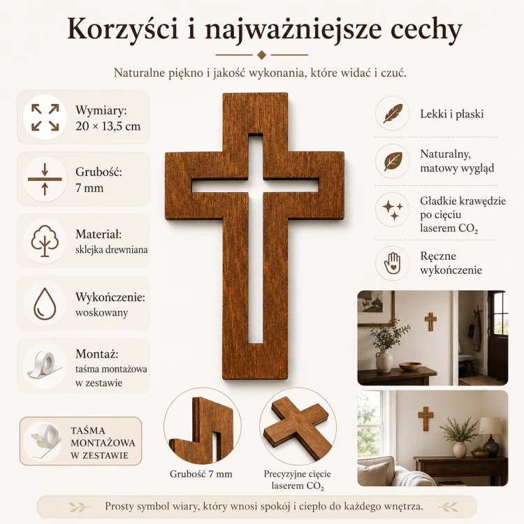 Krzyż drewniany na ścianę ze sklejki woskowanej, korzyści i cechy
