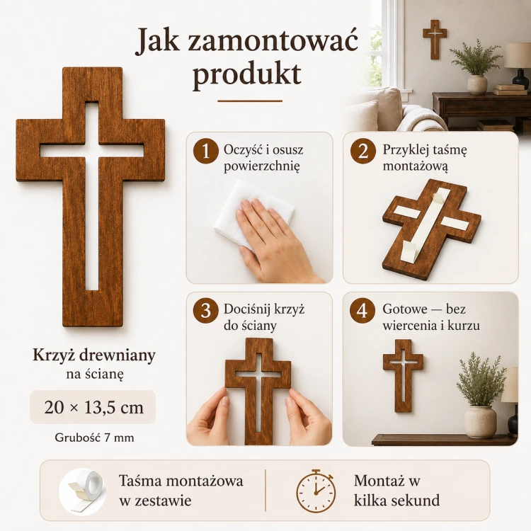 Krzyż drewniany na ścianę ze sklejki woskowanej, montowanie
